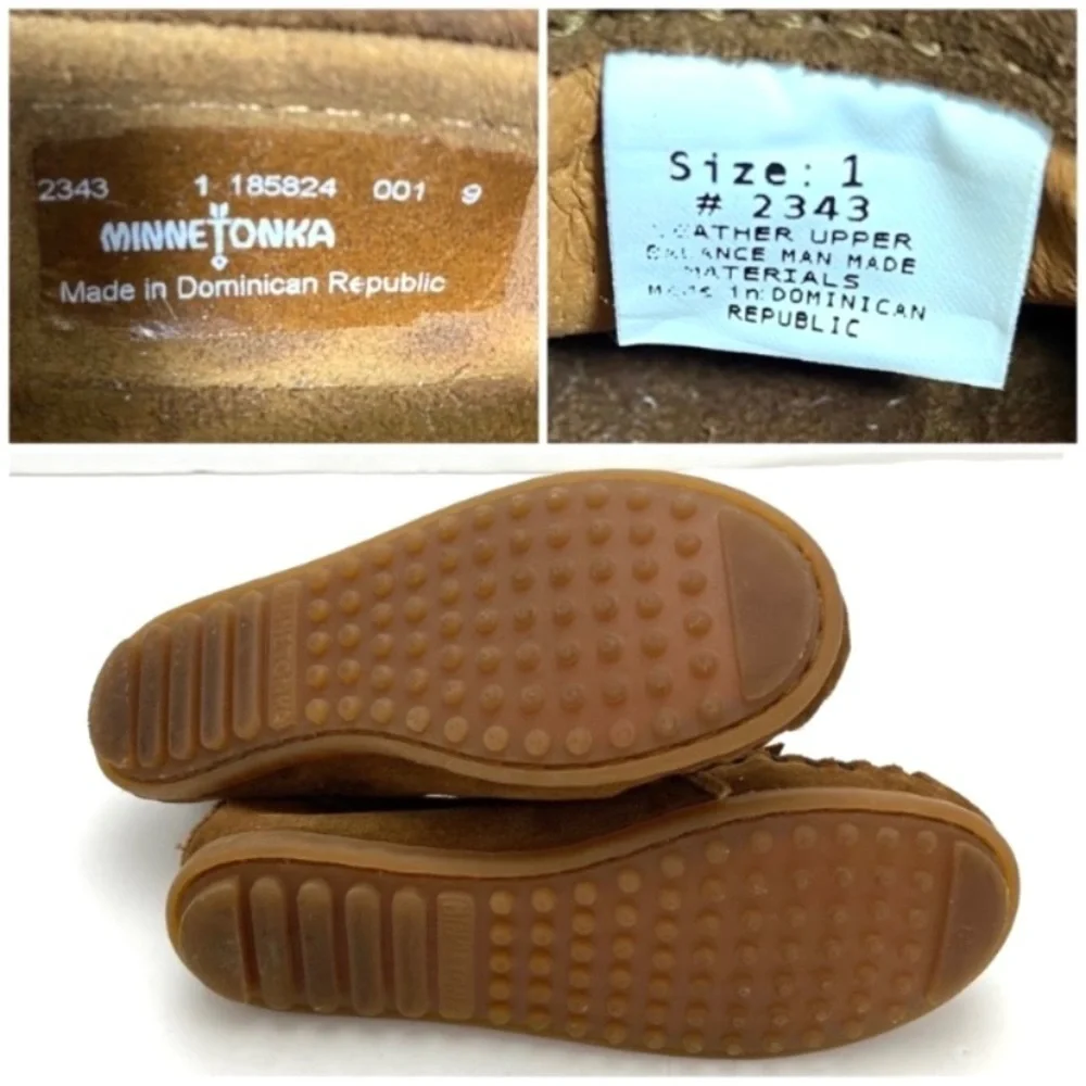 MINNETONKA Leopard Calfskin Kilty Moc Suede Moccasins Flat In Brown Size 1 Kids